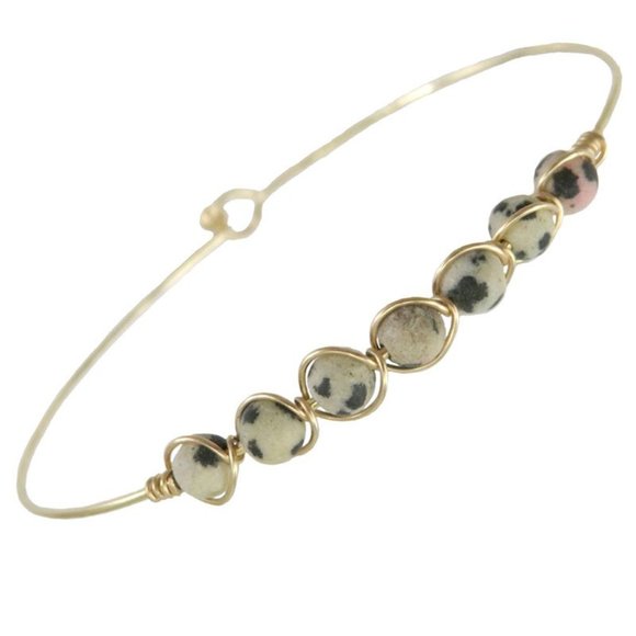 DALMATIAN JASPER BEADED GOLDTONE WIRE BRACELET - Picture 1 of 1